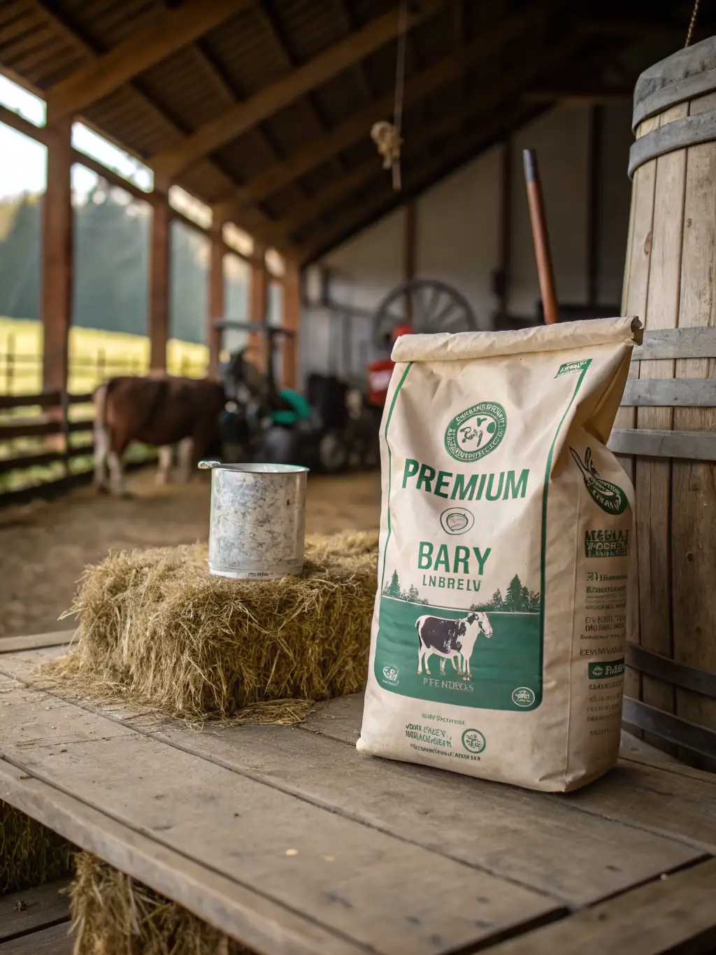 A high-resolution image of a neatly packed bag of premium milk powder with a backdrop of dairy farms, showcasing VGN Trading Co. P/L's commitment to quality.