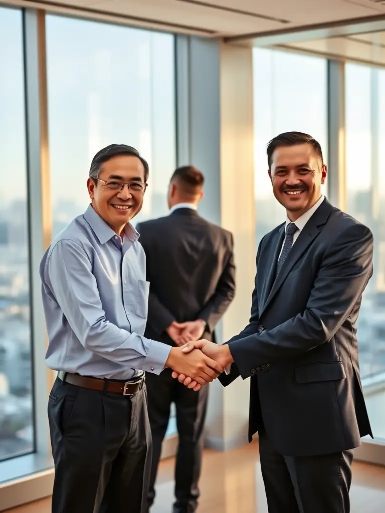 A photograph of a VGN Trading Co. P/L customer in a foreign market, smiling and shaking hands with a company representative after a successful delivery.