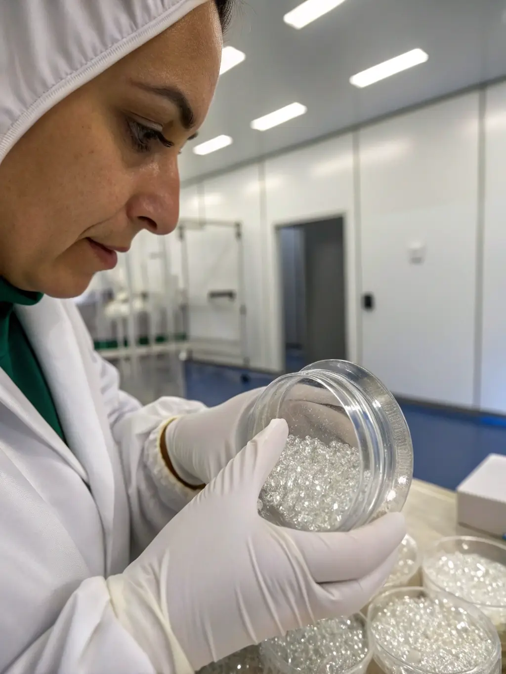 A close-up shot of quality control personnel inspecting milk powder packaging at VGN Trading Co. P/L, ensuring adherence to international standards.