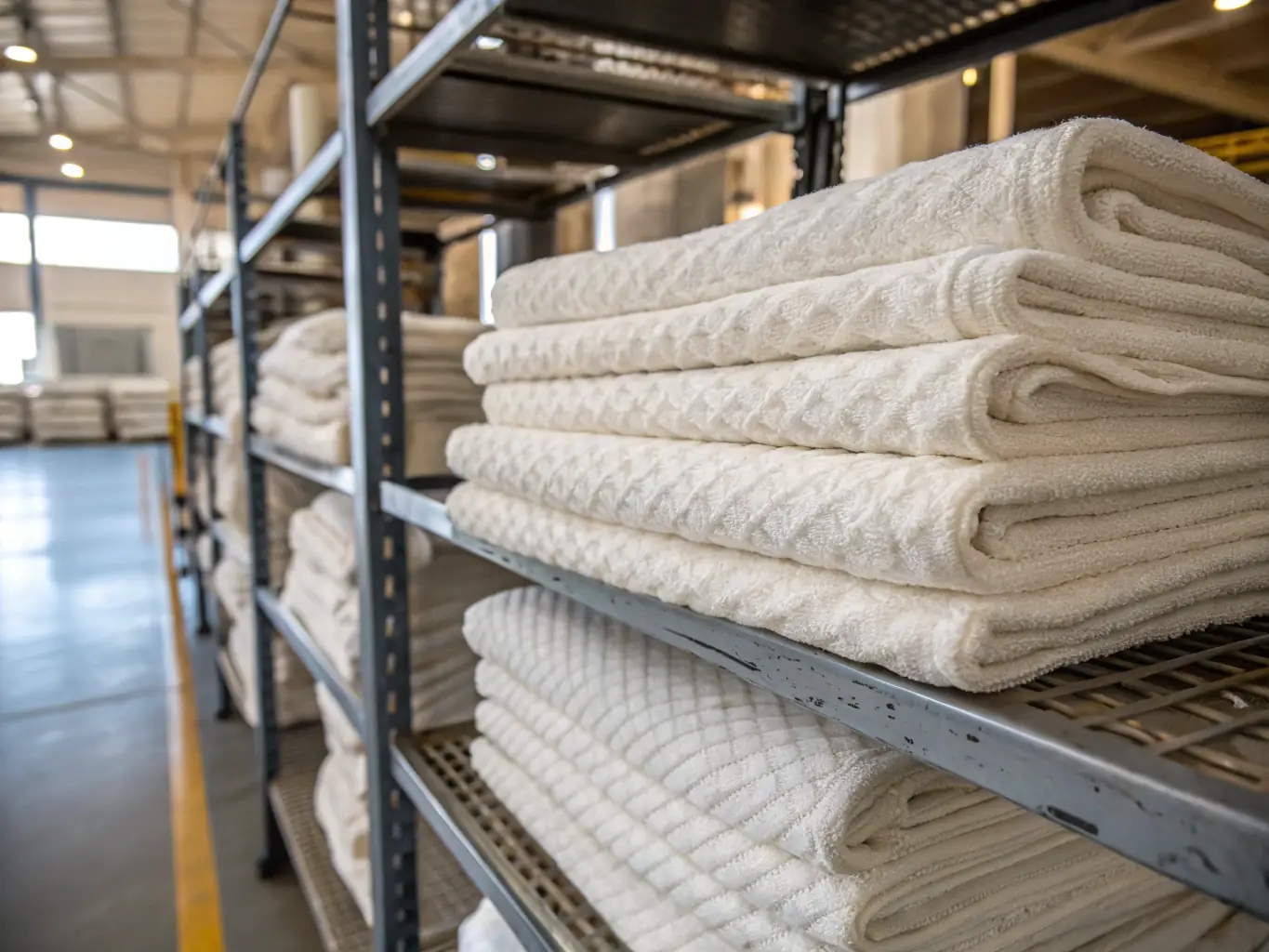 A high-quality image showcasing bales of VGN Trading Co. P/L's high-quality cotton in a well-lit warehouse, emphasizing the softness and durability of the fibers.