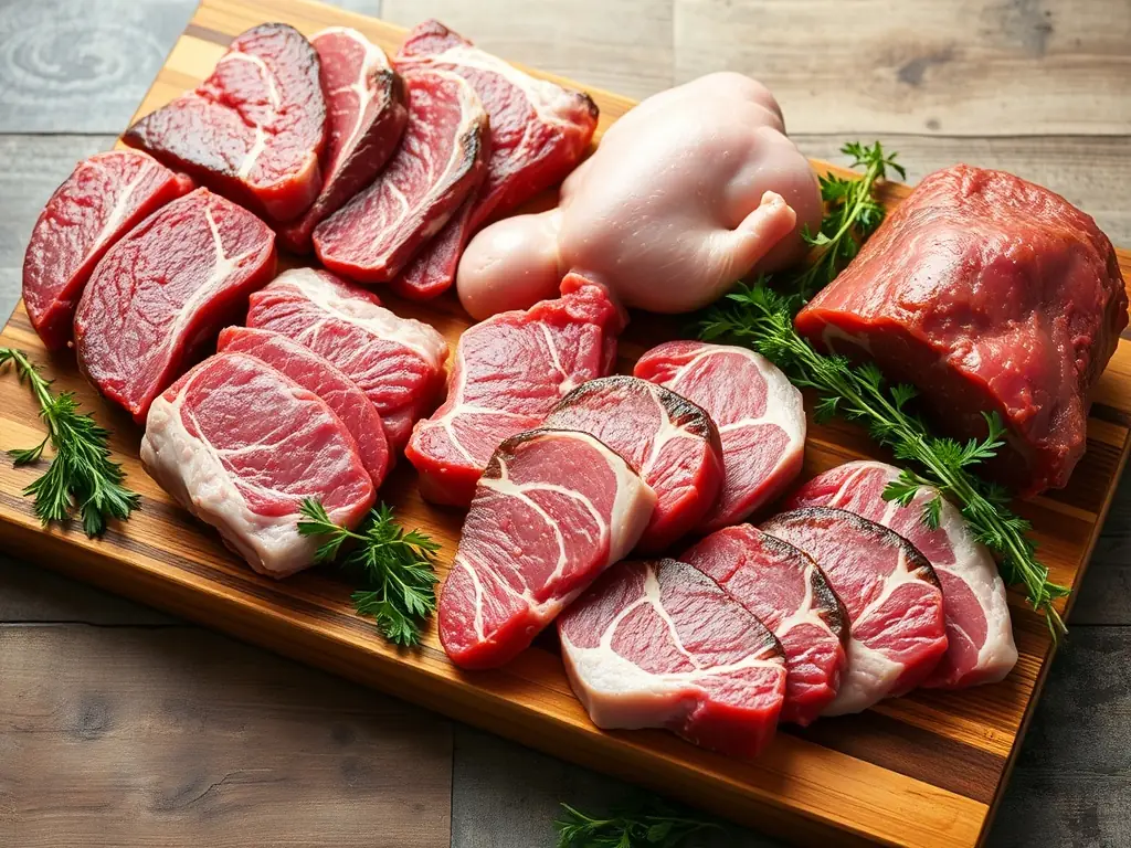 A vibrant and appetizing image of VGN Trading Co. P/L's fresh meat selection, including cuts of beef, lamb, and poultry, arranged on a butcher's block with fresh herbs and spices.
