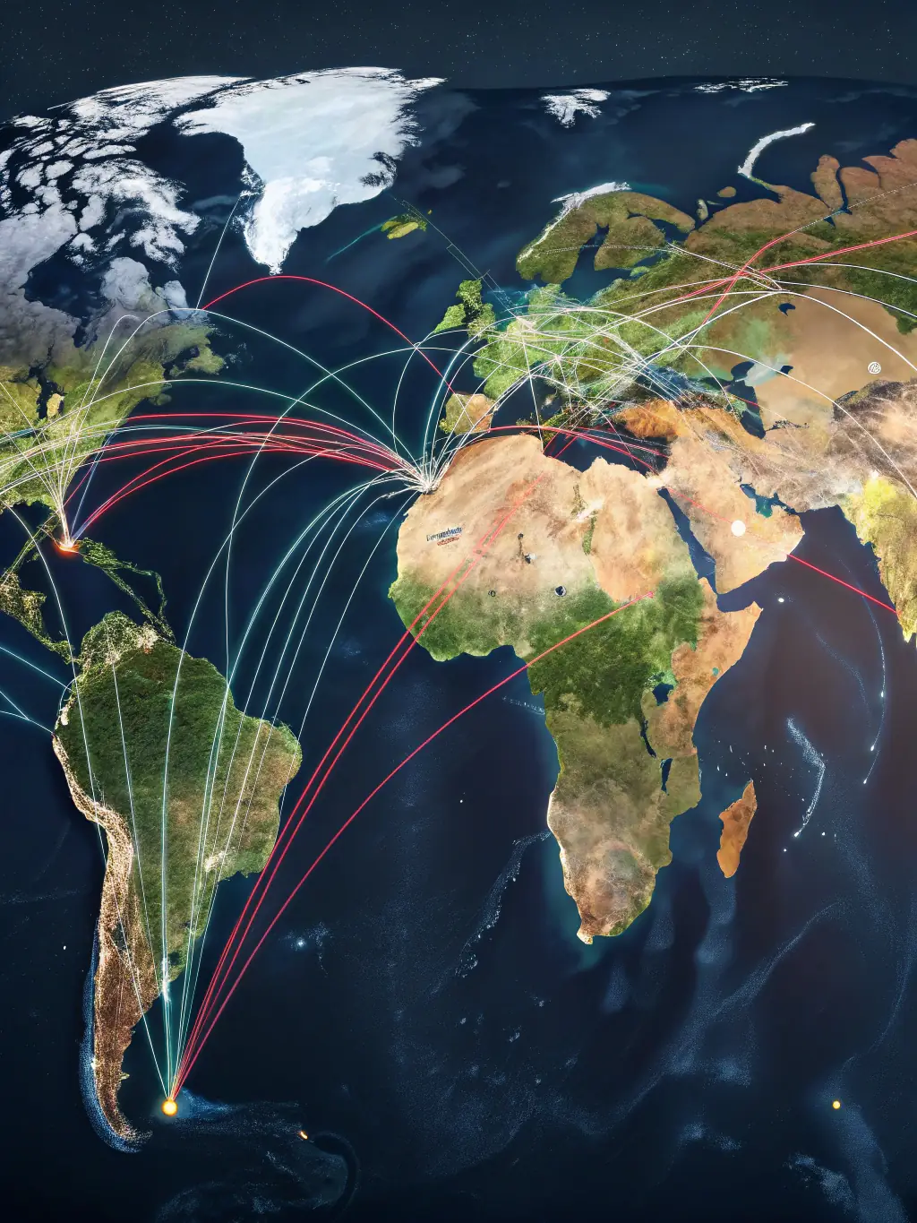 A digital illustration depicting a global supply chain network, highlighting VGN Trading Co. P/L's expertise in logistics and efficient delivery routes.